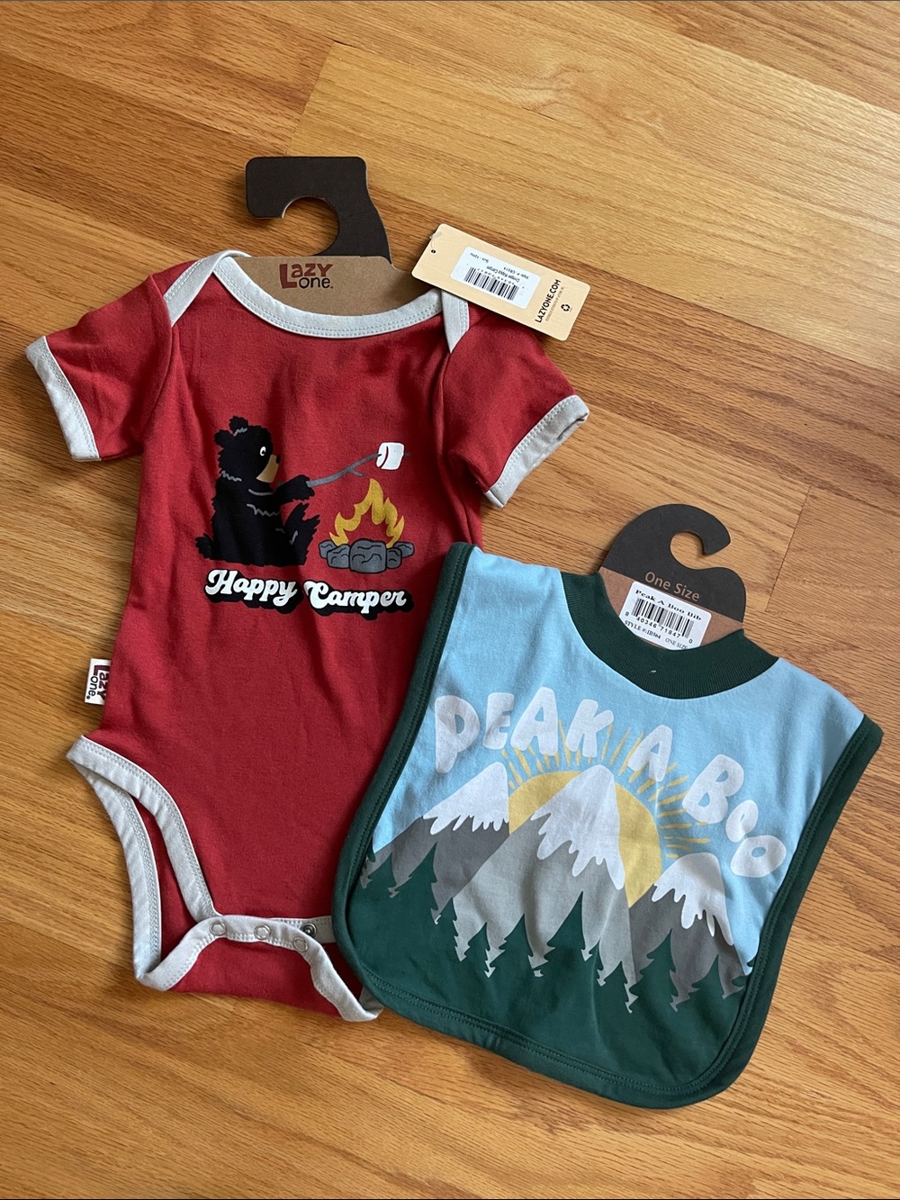 NWT Happy Camper Red Bodysuit & Mountain Peak Bib Set